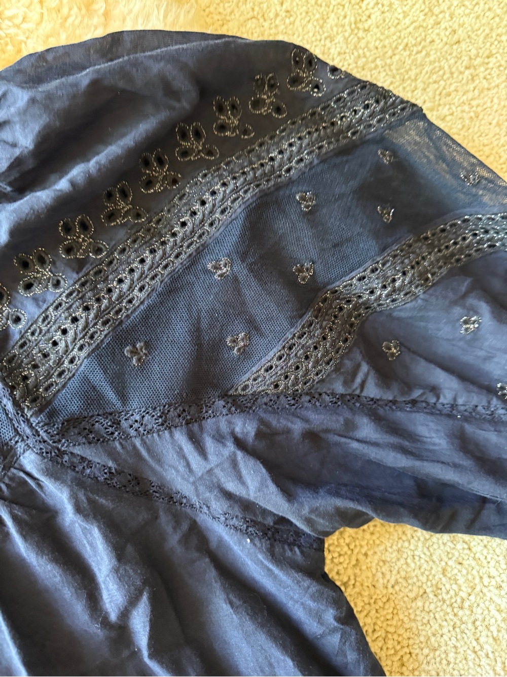 Anthropologie Navy Embroidered Eyelet Lace Mesh Babydoll Blouse Puff Sleeve S - Picture 5 of 9